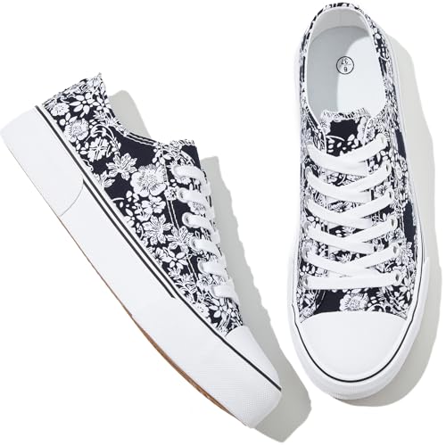 Image of Adokoo Canvas Tennis Shoes for Women Low Top Casual White Black Sneakers for Women Lace Up Fashion Comfortable Walking Shoes