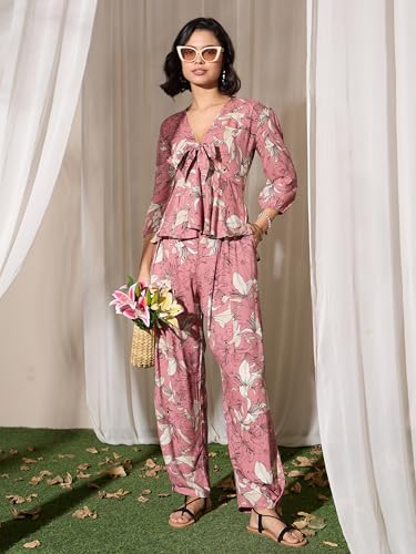 Image of barcino Pink Tropical Front Tie Top With Pants