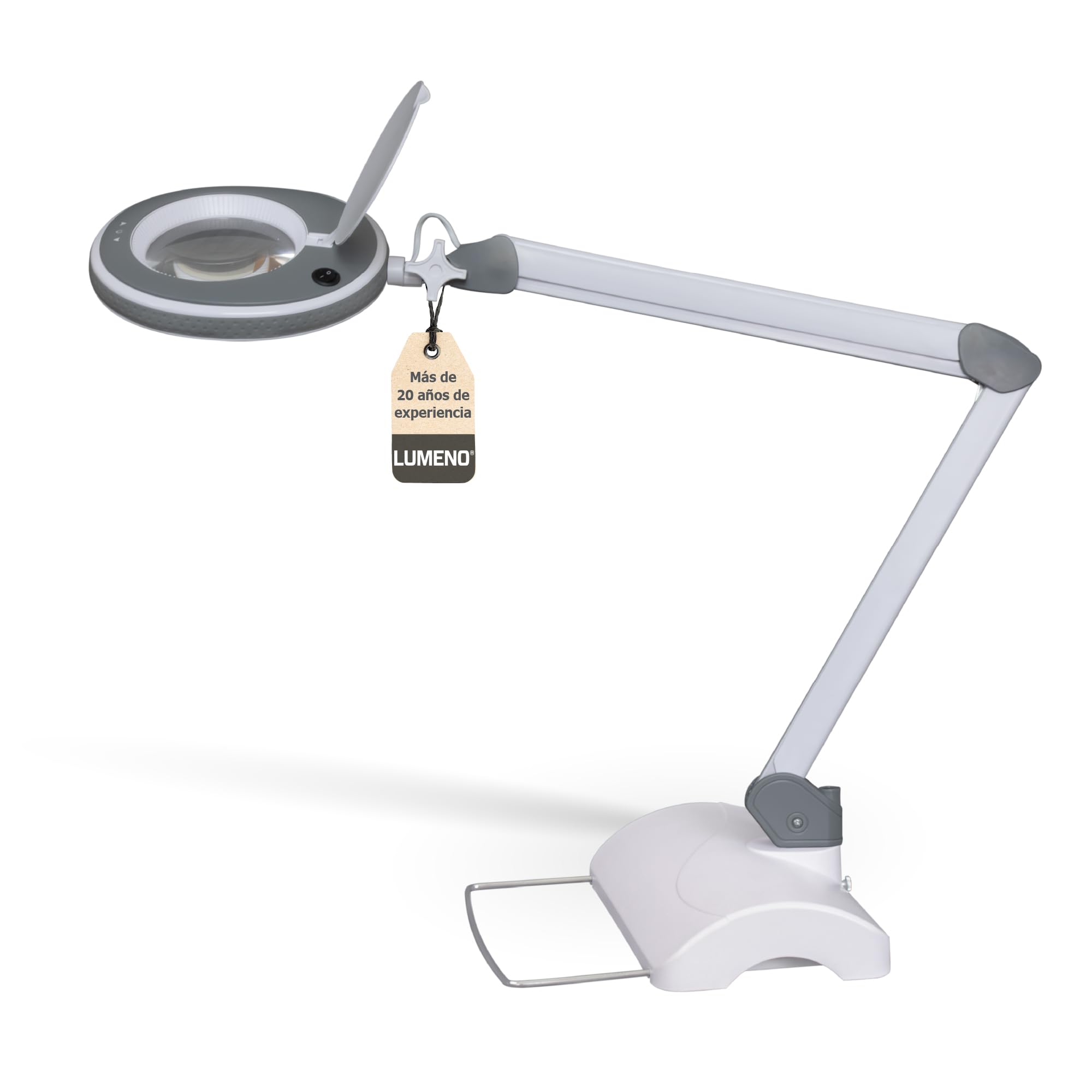 Lumeno 8215GR Lupa LED Lámpara de trabajo Lámpara cosmética, luminosidad regulable, lente de cristal de 127 mm, lupa de lectura, 5 dioptrías con soporte de sobremesa