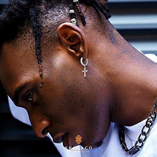 KRKC&CO Cross Earrings for Men, Gift for Him, Sterling Silver Dangle Earrings, Hypoallergenic 15mm Round Hoop Hinged Hanging for Women, Fathers Day2