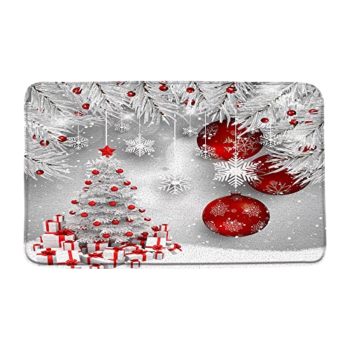 ZKJSMGS Merry Christmas Bath Mat Xmas Tree Red Ball Snowflake Twigs Pine Tree Branch Winter Holiday Festival Rustic Bath Rugs for Bathroom Kitchen,16x48 Inch