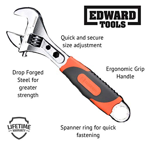 Edward Tools Pro 8" Adjustable Wrench - Carbon Steel Adjusting Design - Crescent Pro Grip for Greater Leverage - Adjustable Width - Spanner Handle - Image 2