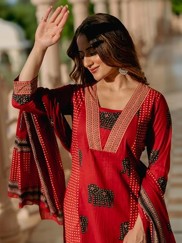 Image of Arayna Women's Pure Cotton Printed Kurta Pants Dupatta Set | Elephant Motif Ethnic Suit Set | Traditional 3-Piece Set for Women