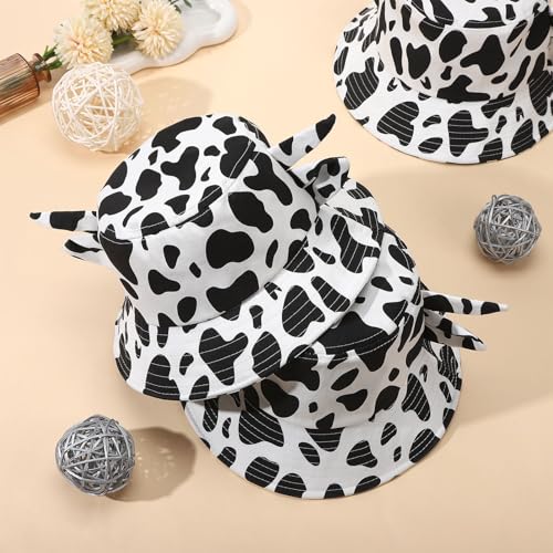 Image of 3 Pcs Cow Printed Bucket Hat Cute Bucket Hat Beach Hat Summer Double Sided Sun Hat Black