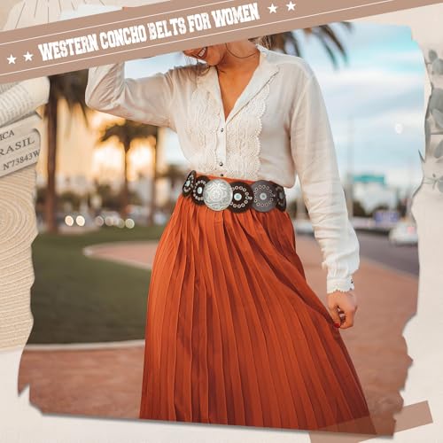 Image of XZQTIVE Western PU Leather Belts for Woman Concho Cowgirl Cowboy Disc Belt for Ladies Wide Boho Country Waist Belts for Dress