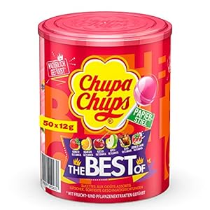 Chupa Chups Best of Lutscher-Dose, enthält 50 Lollis in 7 Geschmacksrichtungen Cola, Apfel, Erdbeere und weitere, Aufbewahrungs-Dose, für Halloween, 50 x 12g
