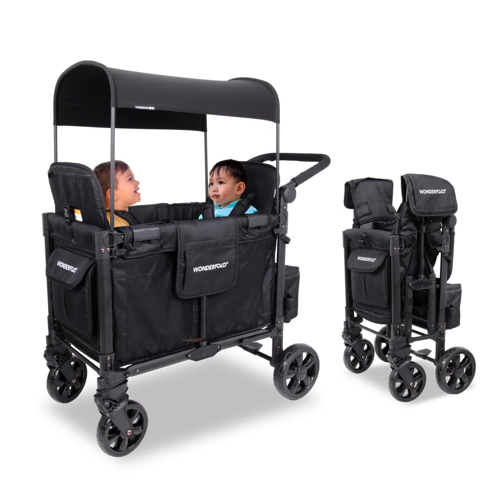 WONDERFOLDW2 Elite Pro Stroller Wagon (2 Seater) - Collapsible Wagon Stroller with Seats with 5-Point Harnesses, Adjustable Push Handle, and Adjustable Sun Canopy, Jet Black