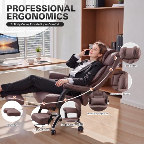Image of BestGlory Office Desk Chair, Big and Tall Leather Gaming Chair with Footrest, Ergonomic Comfy Executive High-Back Reclining Computer Chairs, Wide Swivel Rolling Wheels and Padded Lumbar Support,Coffee