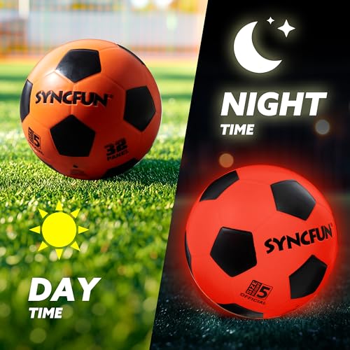 SYNCFUN Balón de Fútbol Luminoso Reflectante Oficial Tamaño 5 - Brilla en la Oscuridad para Juegos Nocturnos, Niños, Adultos - Pilas Adicionales - imagen 2
