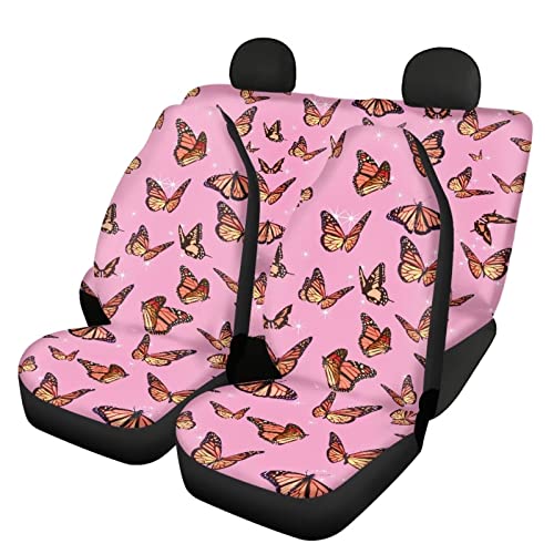 Image of Pink Butterfly Print Automotive Seat Cover Full Set Custom Front Back Seat Cover Easy Install Soft Breathable Universal Car Seat Protector for Women Men Fitted Car Interior Accessories for Trucks