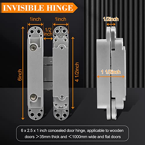 6Inch Hidden Door Hinges Zinc Alloy Invisible Hinge, 3-Way Adjustable Butt Hinges Concealed Hinges Allows 180 Degree Swing, 90 Lb Heavy Duty Silver Hinges-2 Packs #TOP1