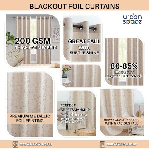 Image of Urban Space 80-85% True Blackout Curtains for Window, Gold Foil Printed Blackout Curtain, Decorative Window Curtain Eyelet with Tieback, 1 Piece Curtain for Living Room(Sparkle White, 5 Feet)