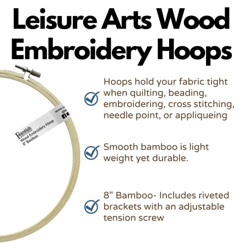 Image of Essentials by Leisure Arts 8 Inch Bamboo Embroidery Hoop with Adjustable Tension Screw, Smooth Lightweight Hoop for Cross Stitch, Needlepoint, Quilting and Sewing