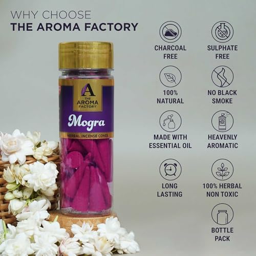 Image of The Aroma Factory Incense Dhoop Cone for Pooja, Mogra (100% Herbal & 0% Charcoal) 1 Bottle x 30 Cones