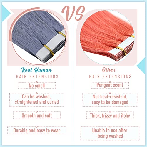 RUNATURE Tape in LightBlue Hair Extensions Human Hair 20 Inch Tape Blue Hair Extensions Human Hair Invisible Tapes Remy Straight Hair 25g - Image 4