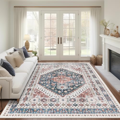 Madane Washable Rug 8x10 Area Rugs for Living Room, Ultra-Thin Non-Slip Backing Rug, Stain Resistant Vintage Large Area Rug for Bedroom (Navy Blue, 8'x10')