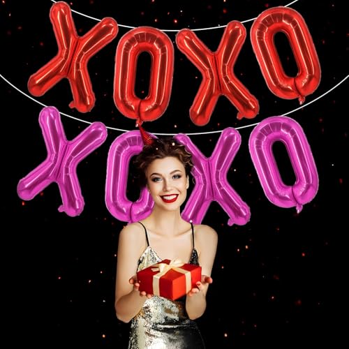 Image of Red Pink XOXO Balloons 8 Pcs Valentines Day Balloons PinK Red XOXO Foil Balloon Letters for Girls Women Anniversary Sweet Valentine Day Romantic Decorations Special Night Party Bridal Shower