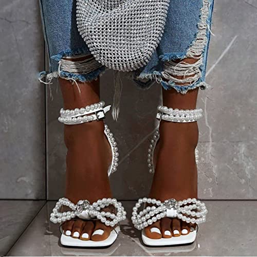 Image of Yolkomo Women's Square Toe Clear Heels Sexy Rhinestone Bow Heels Open Toe Ankle Strap Stiletto High Heel Sandals