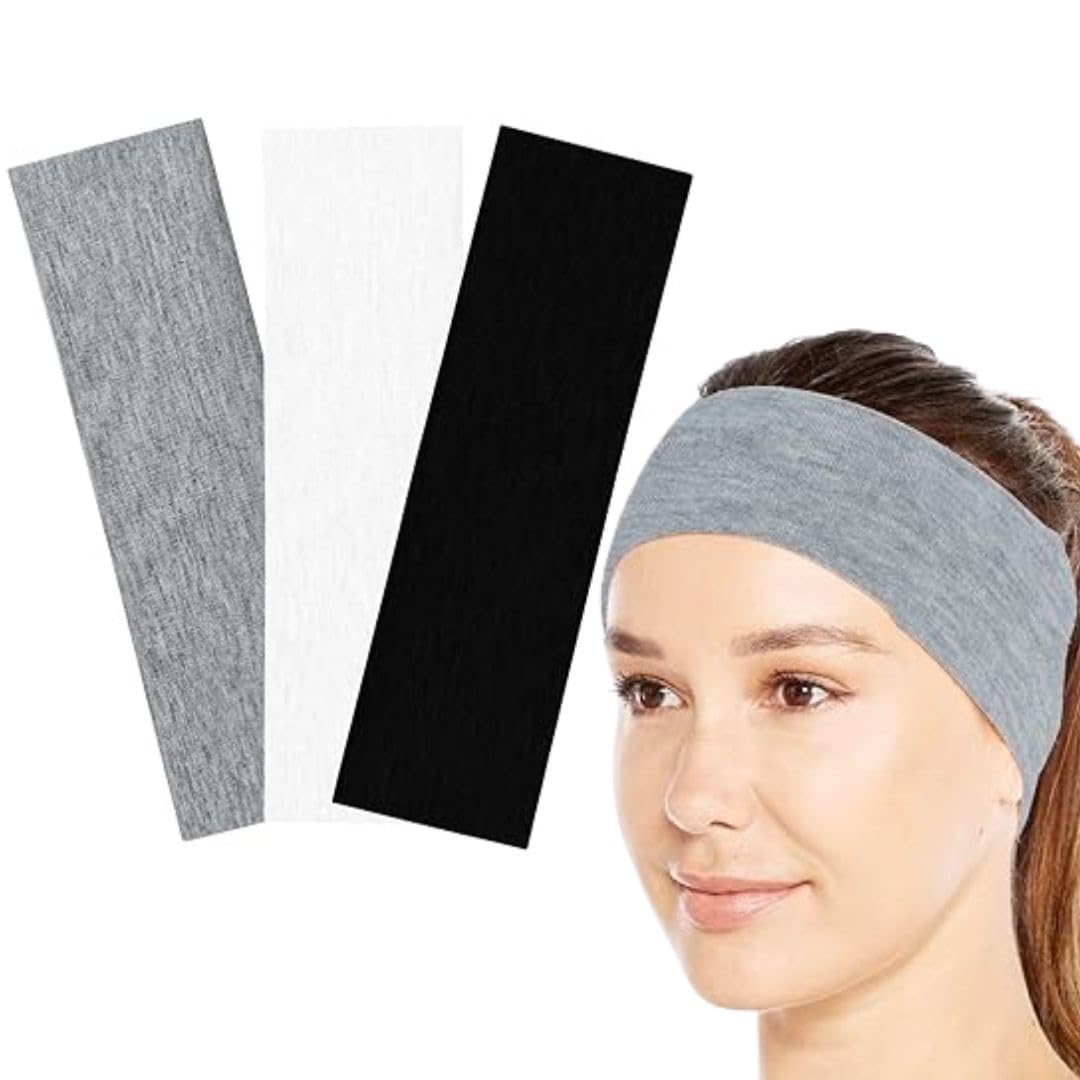 Radhu & Kabby Unisex Headbands | Black, White, Grey, Stretchable Sweatproof Non-Slip Heabands for Yoga, Gym and Everyday Wear | Pack of 3