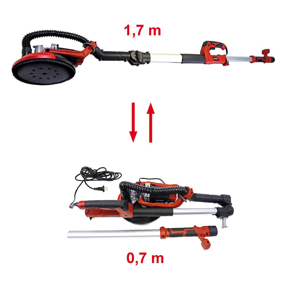Matrix Profi Trockenbauschleifer DWS 710 800 Watt Wandschleifer Schleifgiraffe Deckenschleifer Langhalsschleifer | 225mm 4,3kg rot-schwarz Teleskopstiel ausziehbar bis 170cm inkl. Schleifpapier