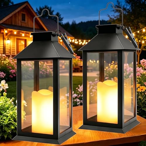 Yowin Solarlaterne für Außen 2 Stück Solarlampen Garten mit Flammeneffekte Kerze, Hängend Solar Laternen Wetterfest Solar Tischlampe Outdoor, Solarleuchten für Terrasse Balkon Pavillon Deko - Schwarz