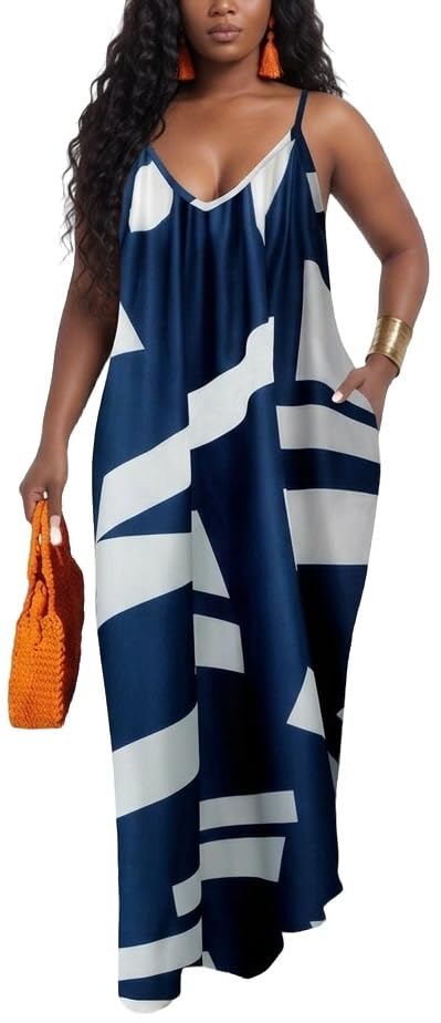 Image of Women's Casual Summer Maxi Dresses Sleeveless Adjustable Spaghetti Strap Loose Plus Size Dresses