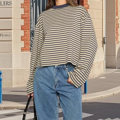 Striped Long Sleeve Shirt Women Y2k Oversized Crewneck Vintage Tops Fall Winter Drop Shoulder Cute Preppy Pullover2