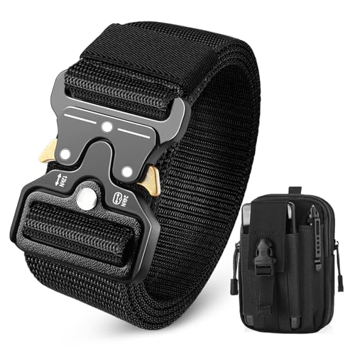 BESTKEE Mens Tactical Belt 3.8cm Work Belt Military Style with Quick Release Metal Buckle Gift with Tactical Molle Pouch