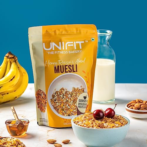 Image of UNIFIT Muesli with Honey, Raisins & Almonds | Healthy, Crunchy & Instant Breakfast Cereal | Packed with Fiber, Protein & Essential Nutrients | Ready-to-Eat, Perfect for Energy Boost | 375g