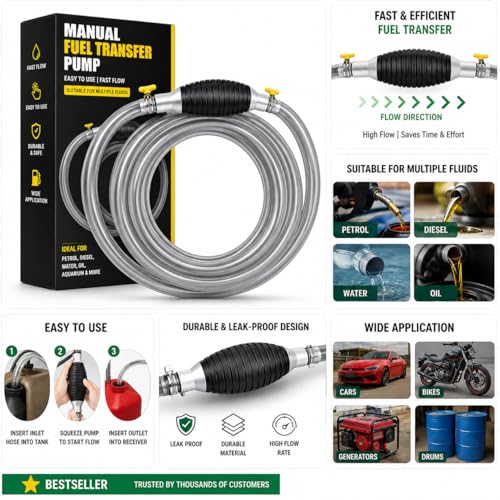 Image of Fuel Transfer Pump Kit - High Flow Manual Siphon Oil Remover Pump with 2 Meter Pipe for Petrol, Diesel, Water & Oil, Portable Liquid Transfer Pump for Car, Bike & Fish Tank (MTR 2)