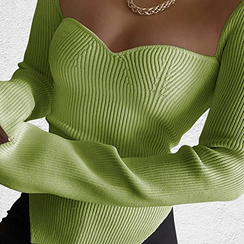 Image of Women's Square Neck Ribbed Knitted Sweater Long Sleeve Crop Slim Fitted Basic Pullover Tops