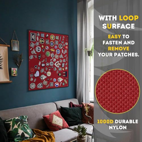 IronSeals Tactical Board Patch Organizer Holder Display with Loop Surface, Steel Ring and Flag Patch (M: 85 x 70CM/ 33" x 27.5" x 17.7", Red + Flag Patch)