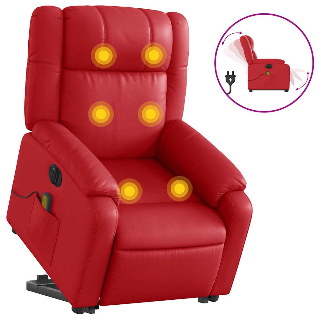 Sillón elevador eléctrico reclinable rojo de piel sintética con masaje y vibración, 6 puntos de masaje, función de elevación e inclinación de 135 grados, mando a distancia