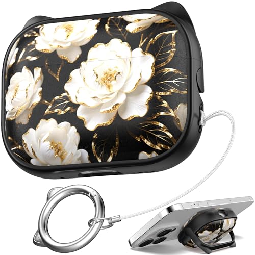Image of for AirPods Pro 2 Case with Cleaning Kit, Cute Cat Ear Print Design & Cute Buckle for Girls, Phone Holder & Top Safe Lock Buckle Design for AirPods Pro 2nd /1st Gen case, Black Peony