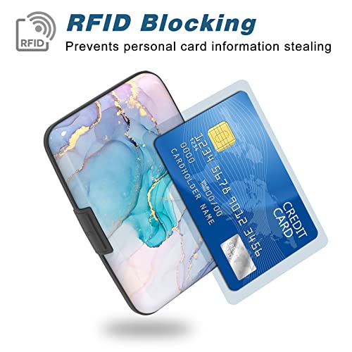 Image of Credit Card Holder, Mini Aluminum Card Wallet RFID Blocking Slim Metal Hard Card Case for Women Men, Purple Gold Marble