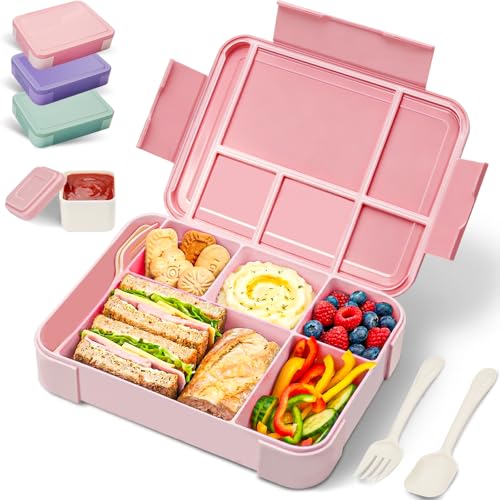 BIBURY Lunch Box Kids Adults Leakproof Bento Box Lunchbox with 5 Compartments & Sauce Pot & Cutlery BPA Free Microwave Dishwasher Safe Snack Box Sandwich Box for School Boys Girls 1.3L (Pink)