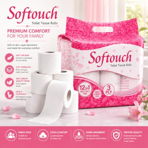 Image of Softouch 2 Ply Toilet Paper Tissue Roll | 145 Sheets Per Roll | 250 Rolls | Total 36,250 Sheets | Soft & Durable | Hypoallergenic | Safe for All Skin Types