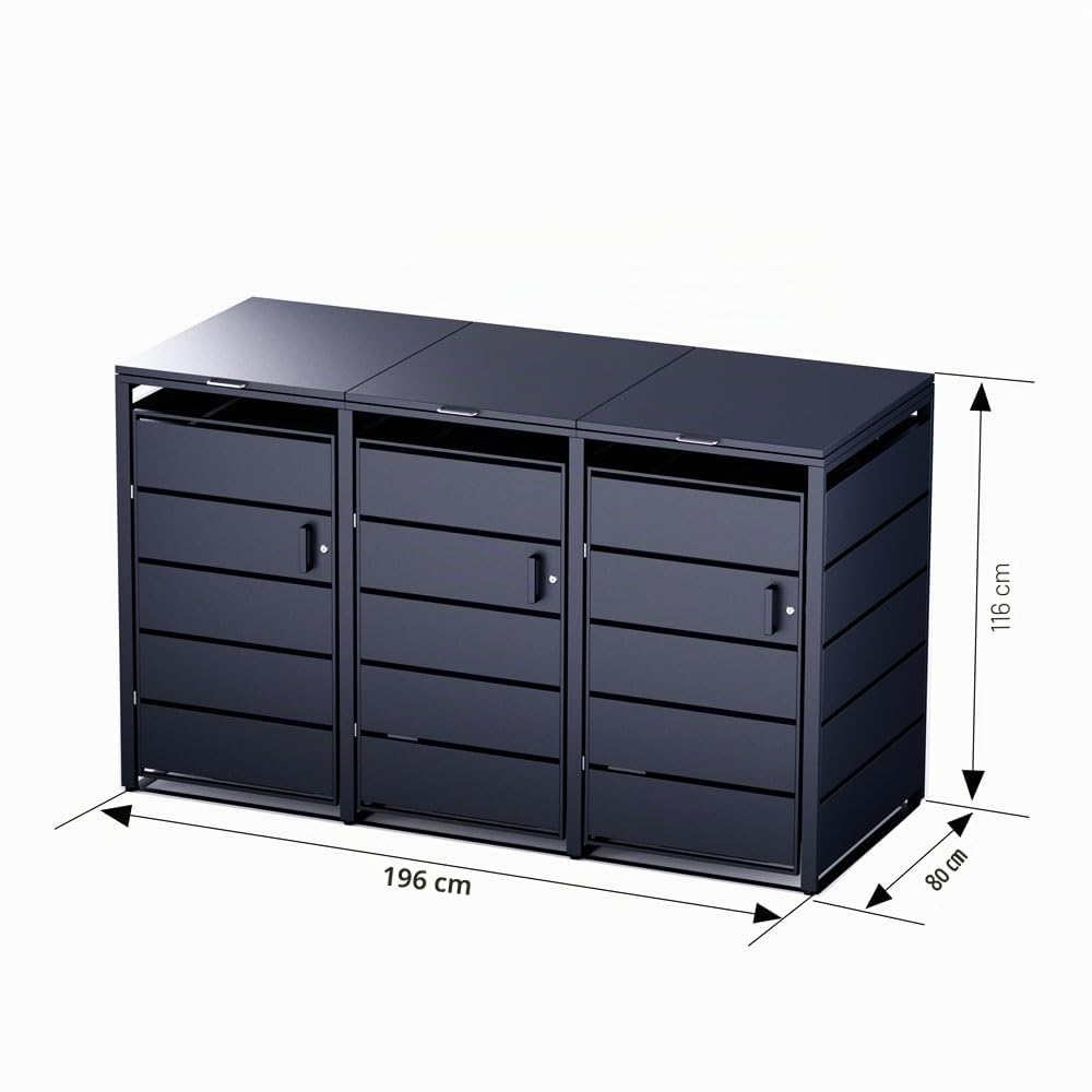 RS Trade Mülltonnenbox 3er Anthrazit für 120L & 240L, wetterfeste Mülltonnenverkleidung mit 3 Türen, abschließbares Mülltonnenhaus, Umhausung für Mülltonnen, Sichtschutz für Abfalltonnen draußen