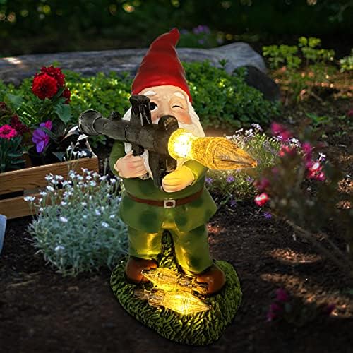 PERFECTOP Solar Military Garden Gnome Statue with RPG, Large War Army Combat Defender Soldier Patriotic Gnome Figurine with Gun, Outdoor Patio Yard Lawn Decor, Halloween Christmas Ornament Gift