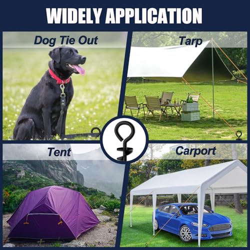 Image of Eurmax USA 4 Pack Heavy Duty Ground Stakes,Industrial Grade Spiral Steel Screw-In Anchors with 4 Bonus Tie-Down Ropes,High Wind Stabilizing Kit for Trampolines,Dog Tie-Out,Canopies,Outdoor Sheds,Black