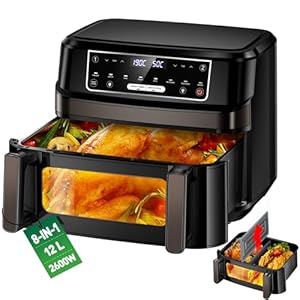 Friggitrice ad Aria Calda 2 Camere | Friggitrice ad Aria da 12L Camera Doppia Camera Singola Regolabile, 2600W Friggitrice ad Aria Calda 8 in 1 con Doppia Camera Controllo Separato Della Temperatura