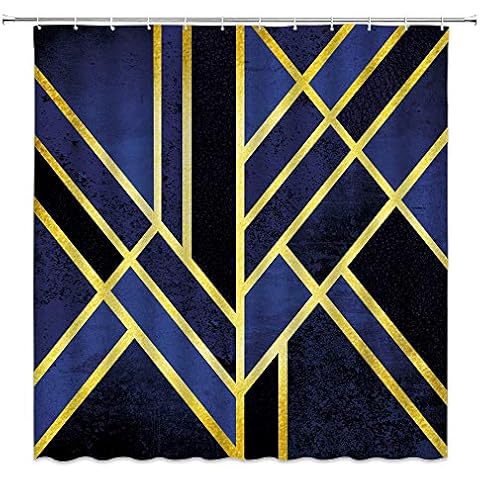 AMFD Geometric Shower Curtain Abstract Gold Stripes Marble Dark Blue Navy Fashion Exquisite Bathroom Curtains Decor Polyester Fabric Waterproof 70 X 70 Inches Include Hooks Cover