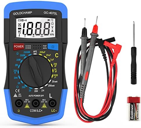 Capacitor Tester 2000pF~200uF, Capacitance Meter, LCR Meter, 200~2000M0 0hm Meter, hFE Test Multimeter with Resistance, Manual Range, Backlight, Auto Power Off, Testing Meter Tool