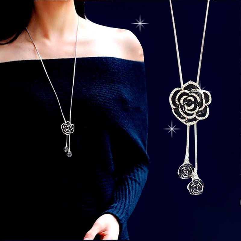 FORUBUS Elegant Long Necklace, Black Rose Long Necklace for Women, Long Rhinestone Necklace, Sweater Chain for Women - Image 6