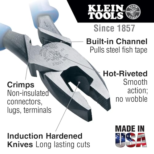 Klein Tools J2000-9NECRTP Side Cutter Linemans Pliers, Made in USA, with Tape Pulling and Wire Crimping, High Leverage, 9-Inch by KLEIN TOOLS - Image 2