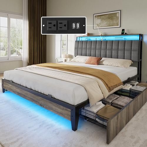 YITAHOME Full Size Bed Frame with RGB LED Lights and 4 Drawers, Upholstered Platform Bed with Charging Station and Storage Headboard, No Box Spring Needed, Noise-Free, Fast Assembly, Rustic Grey