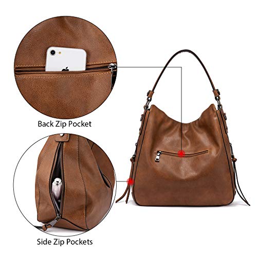 Realer Dames handtassen grote shopper lederen handtas schoudertas portemonnee hobo dames tassen set voor kantoor school winkelen reizen 3 stuks Leder, Bruin-pistool kleur ritssluiting - Image 6