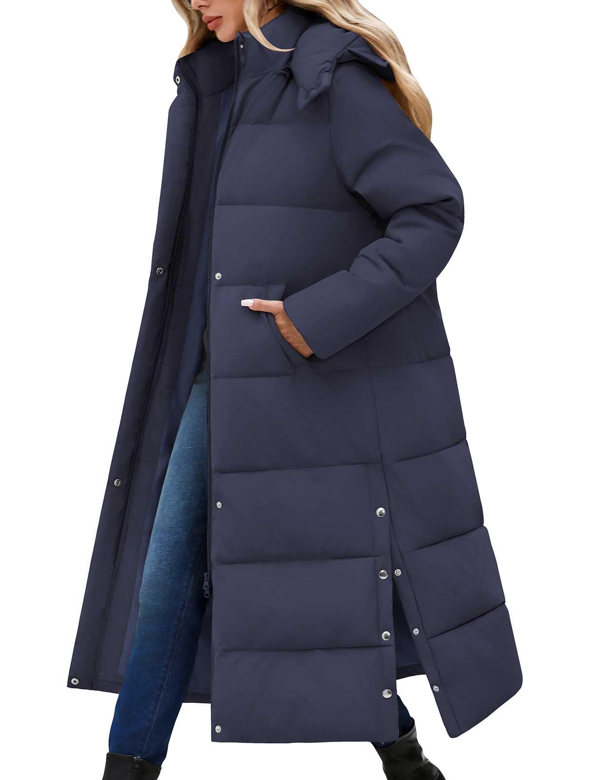 CMTOP Cappotto Donna Invernale Extra Lungo Giubbotto Imbottito in Cotone Caldo Trapuntato Cappotti con Cappuccio Elegante Casual Giacca Outdoor Piumino con Zip e Tasche