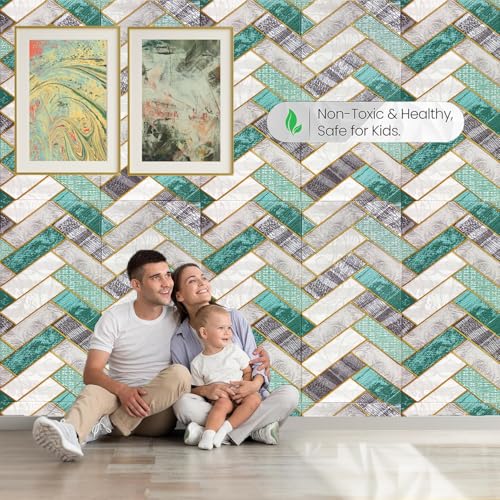 Image of WrapWall 3D Wallpaper Self Adhesive Foam Pack of 2 (70x70 cm) | Waterproof Brick Design Wallpaper |Peel & Stick DIY Wall Decor for Living Room Bedroom Kitchen (2, Green VShape)