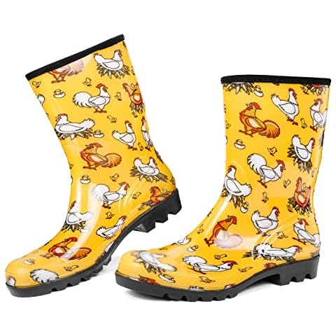 DKSUKO Waterproof Womens Rain Boots insulated,Lightweight Rubber fashion Wellies in Gardening,Warm and Comfortable Wide Calf Rain Boots with Glossy in Outdoor (Yellow Chicken,6) Cover